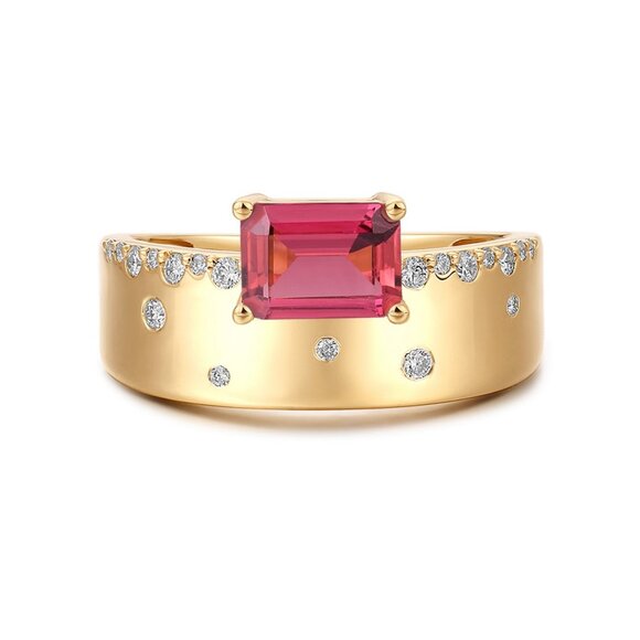 Emerald-Cut Pink 14K (or 18k upon request) Yellow Gold Tourmaline Diamond Ring - Picture 1 of 4